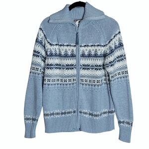 Vintage Y2K Tiara International Women's Full Zip Nordic Blue Cream Cardigan